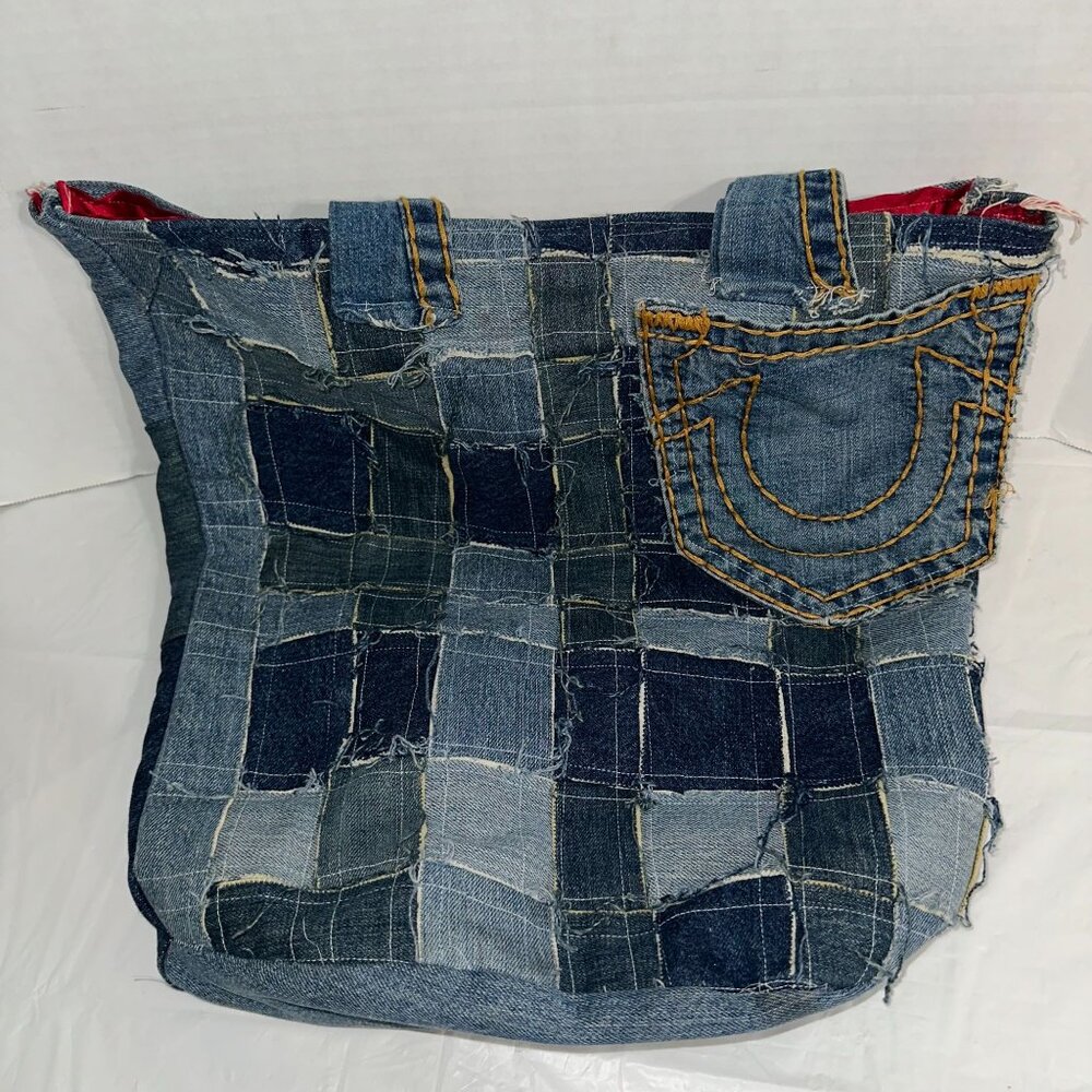 Handmade Denim Patchwork Tote Bag With Red Satin Lining & Pocket Detail